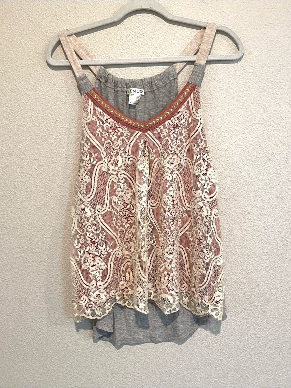 VENUS Dusty Pink Tank with Cream Lace Overlay